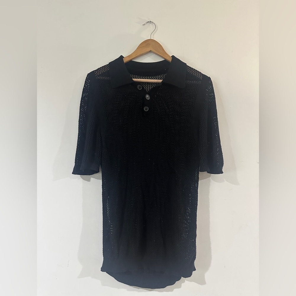 Black Knit Crochet Sheer Collared Polo Shirt Short Sleeve Top Size M